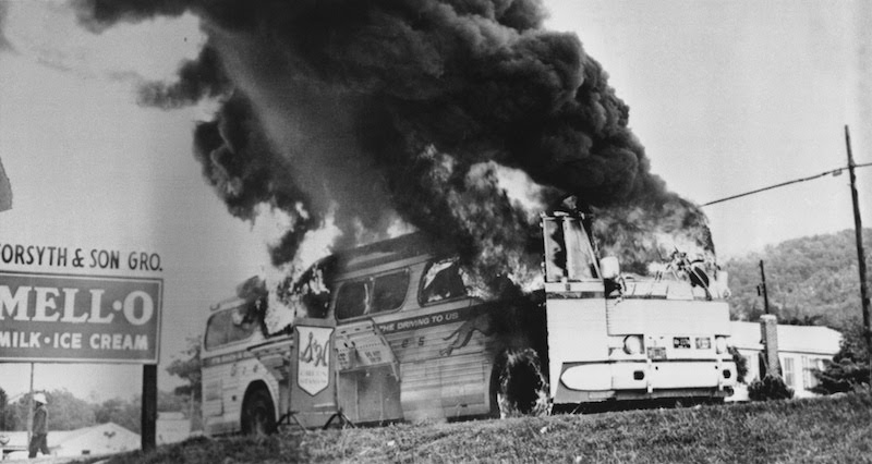 2 22 21 Joseph Postiglione. Firebombed bus outside Anniston Alabama. 1961