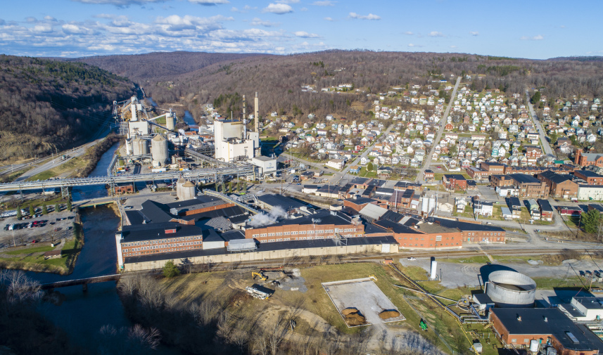 An aerial photograph of the Domtar Paper Company mill in Johnsonburg, Pennsylvania