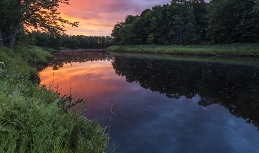 A purple, orange and yellow sunset reflects along a river with lush, green trees surrounding