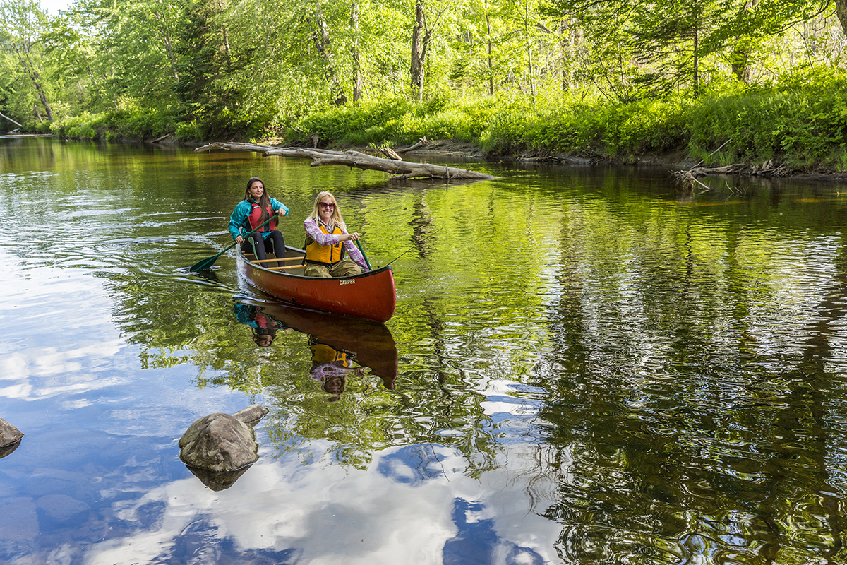 Two women in a canoe, paddling down a river with green trees on the bank