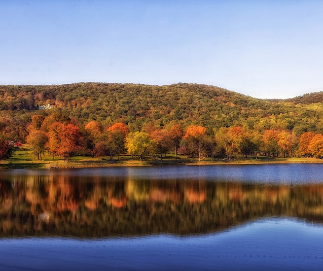 Glassy lake front with fall trees on rolling hills