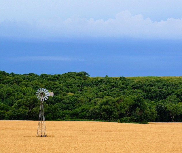 A lone windmill in a field with trees and dark skies in the background