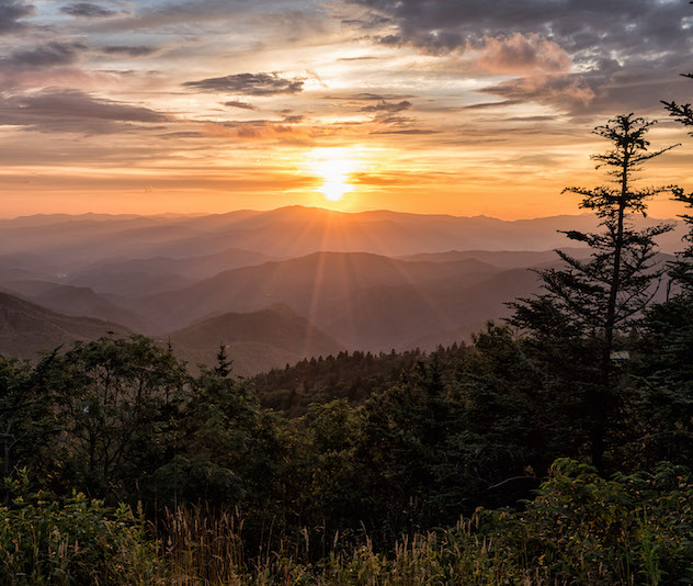 Sun rising over mountains with dark trees in the foreground