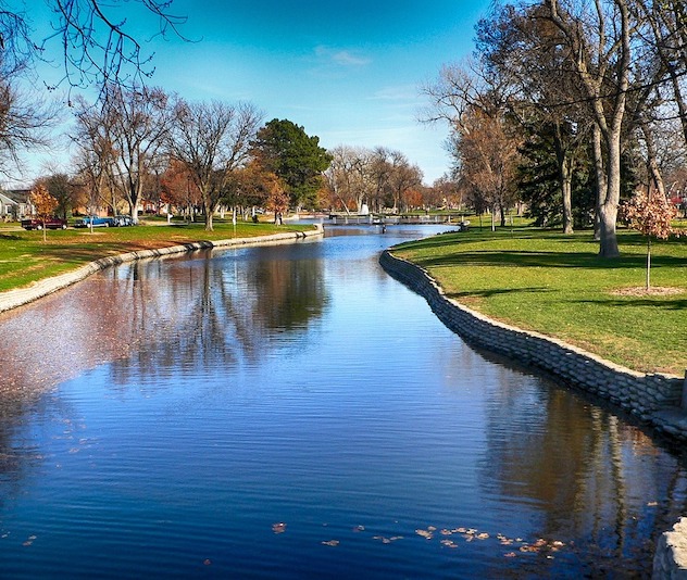 River winding through residential neighborhood