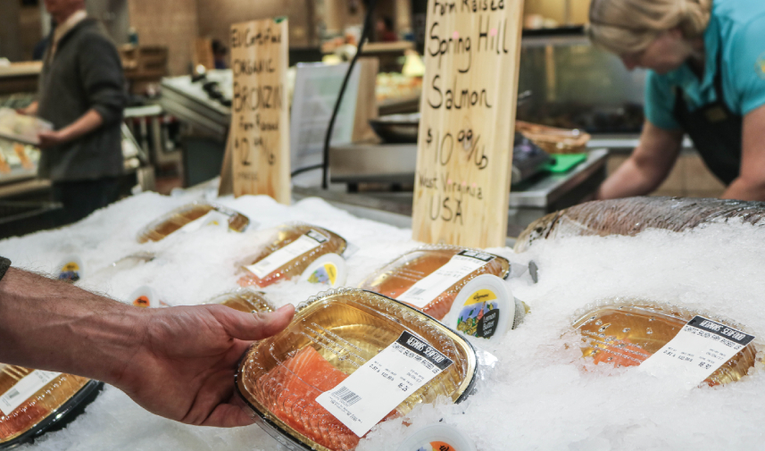 In a store, a hand reaches for a salmon product, showcasing a selection of fresh salmon for sale at Wegmans.